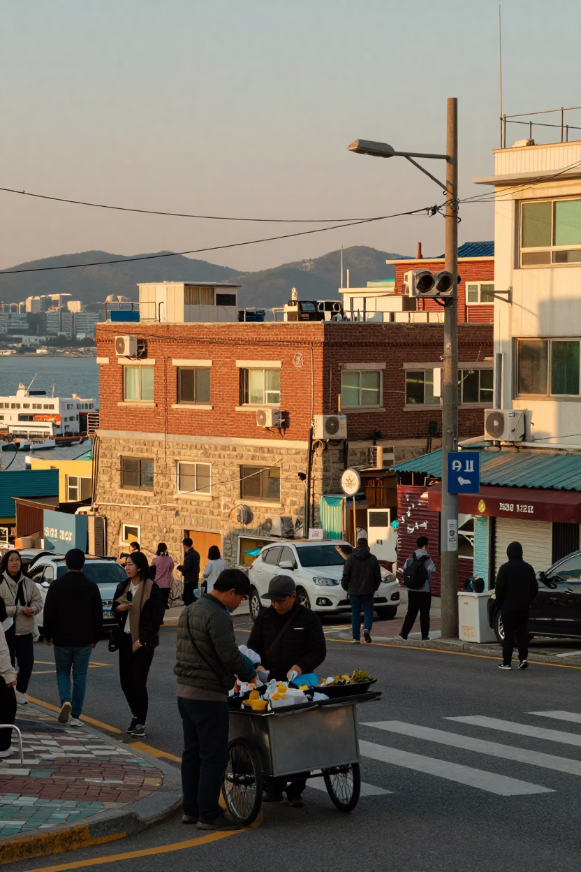 Busy Busan Street Corner at Golden Hour with Local Vendors and Urban Life in in Busan, South Korea