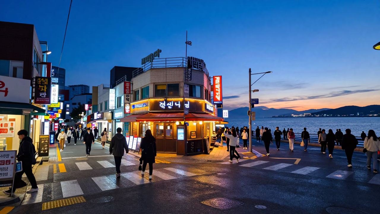 Busy Busan Street Corner at Indigo Twilight with Clipboard and Coffee Cup in in Busan, South Korea