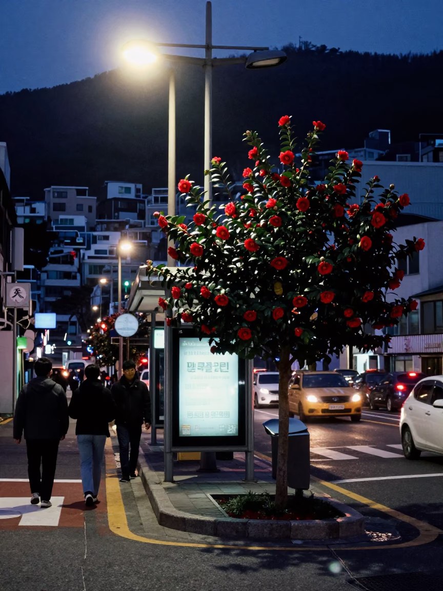 Busy Busan Street Corner at Predawn with Red Camellia and Commuters in in Busan, South Korea