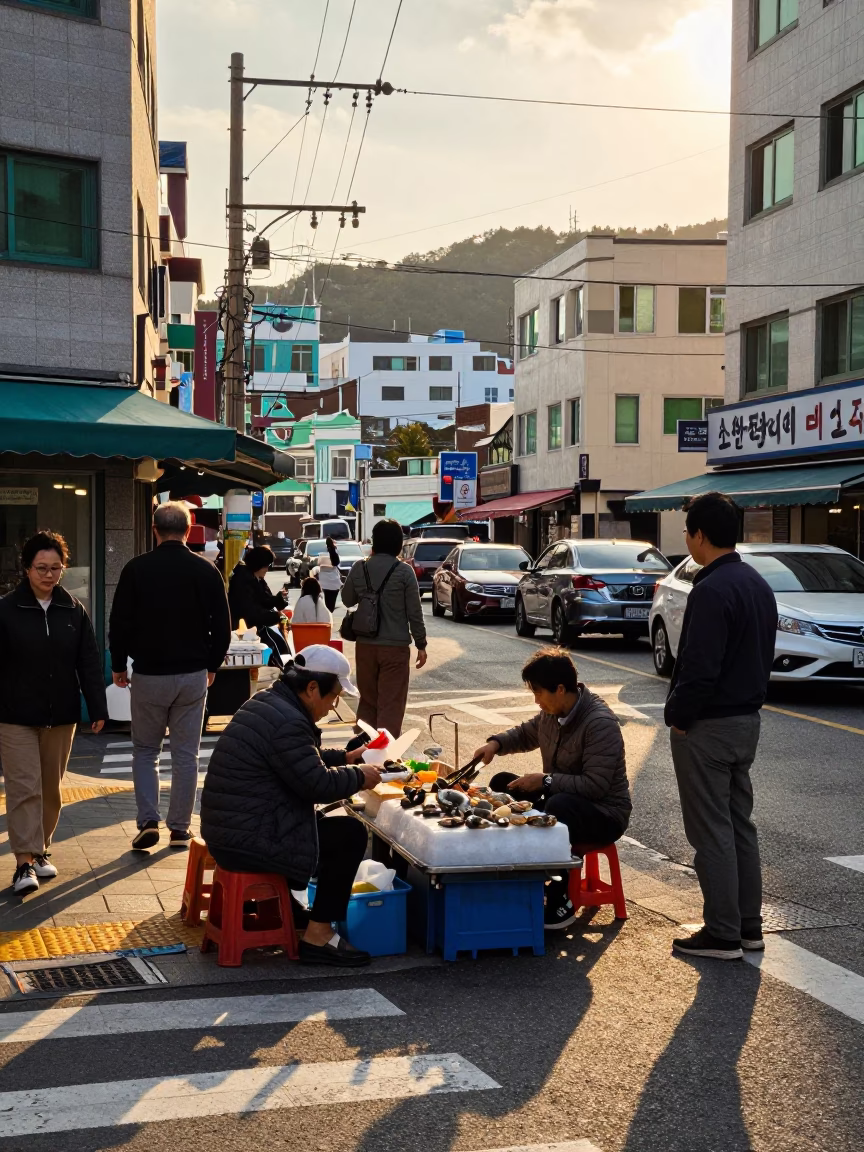 Busy Busan Street Corner at Sunset with Vendor and Local Life in in Busan, South Korea