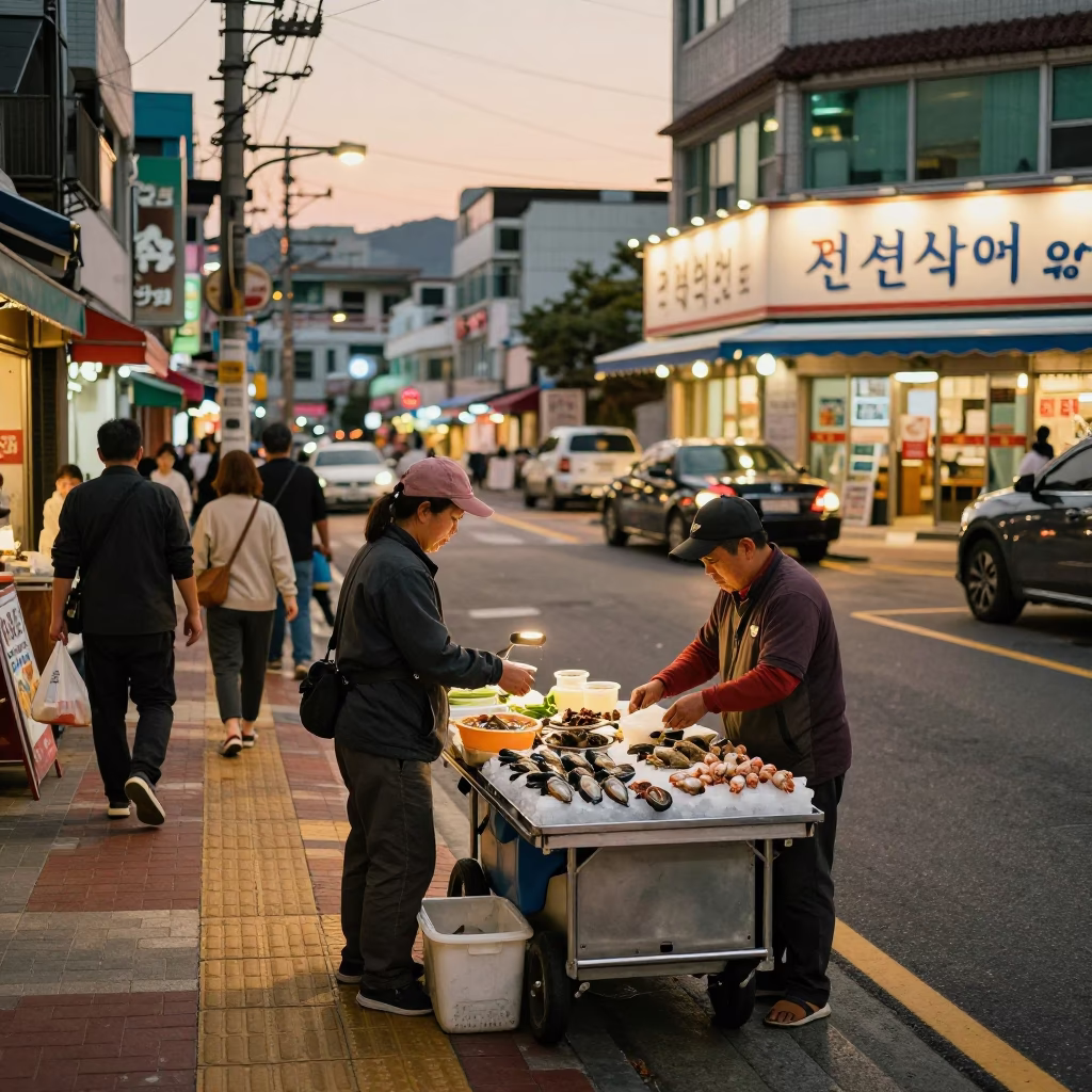 Busy Busan Street Corner Evening Light with Local Vendor and Pedestrians in in Busan, South Korea