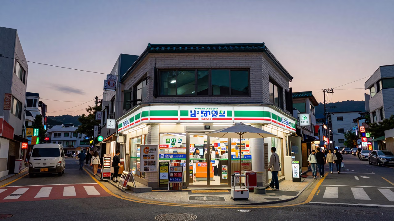 Busy Busan Street Corner Evening with Umbrella Stand and Local Life in in Busan, South Korea