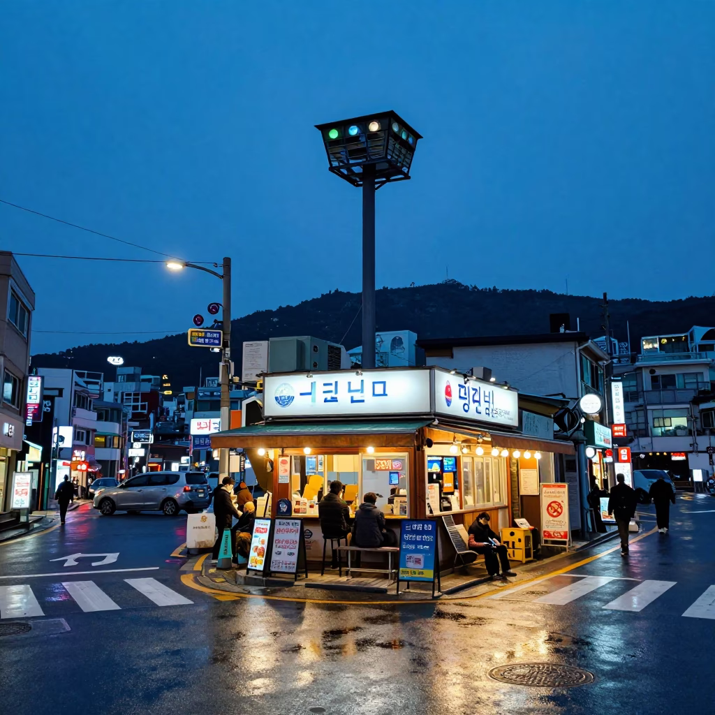 Busy Busan Street Corner in Indigo Twilight with Substation Busbars and Local Diners in in Busan, South Korea