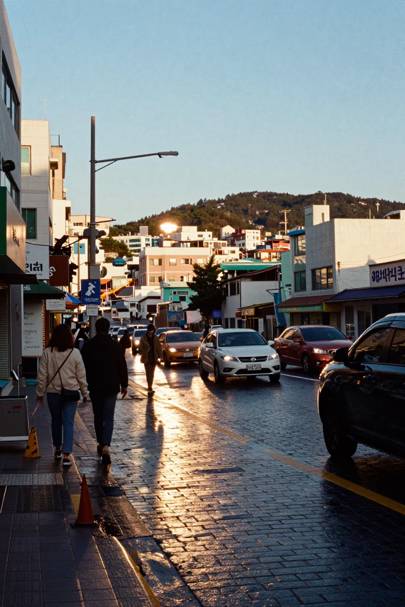Busy Busan Street Corner in Late Afternoon Light with Fish Market Details in in Busan, South Korea