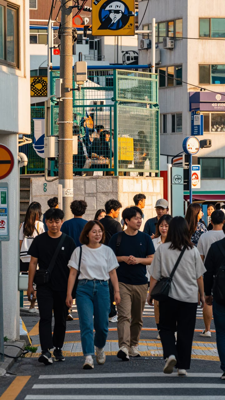 Busy Busan Street Corner Late Afternoon with Substation Fence and Local Interaction in in Busan, South Korea