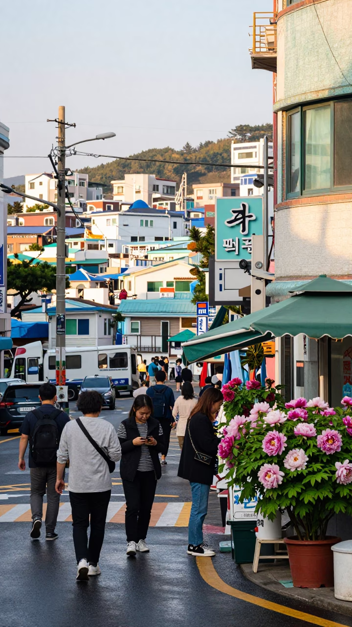 Busy Busan Street Corner Late Morning with Peony Bush and Urban Life in in Busan, South Korea