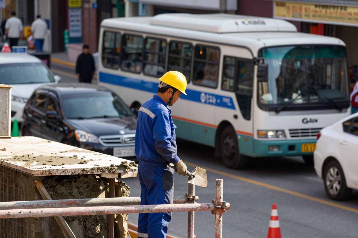 Busy Busan Street Corner with Construction Worker and Freight Train in Early Afternoon in in Busan, South Korea