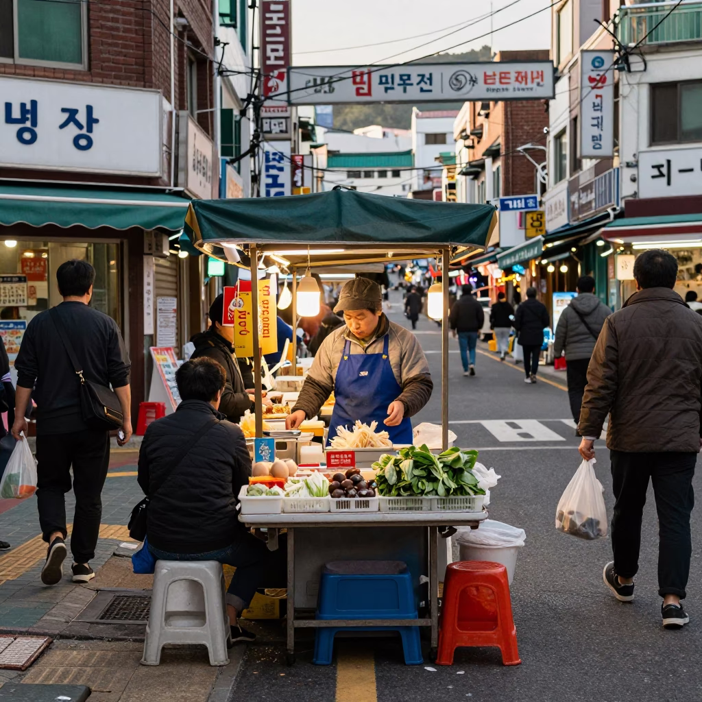 Busy Busan Street Corner with Vendors and Pedestrians in Early Afternoon Light in in Busan, South Korea