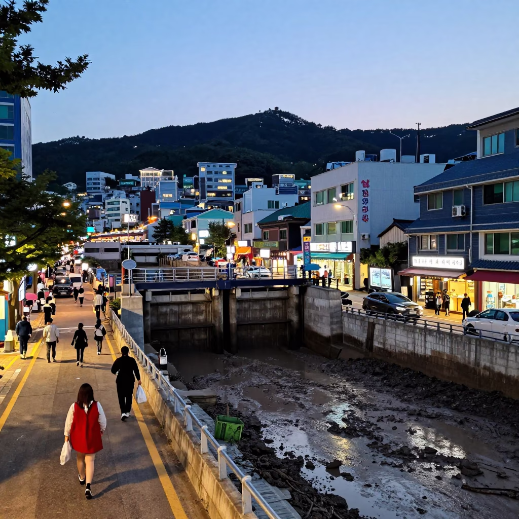 Busy Busan Street Evening with Sluice Gate and Muddy Canal Edge in in Busan, South Korea