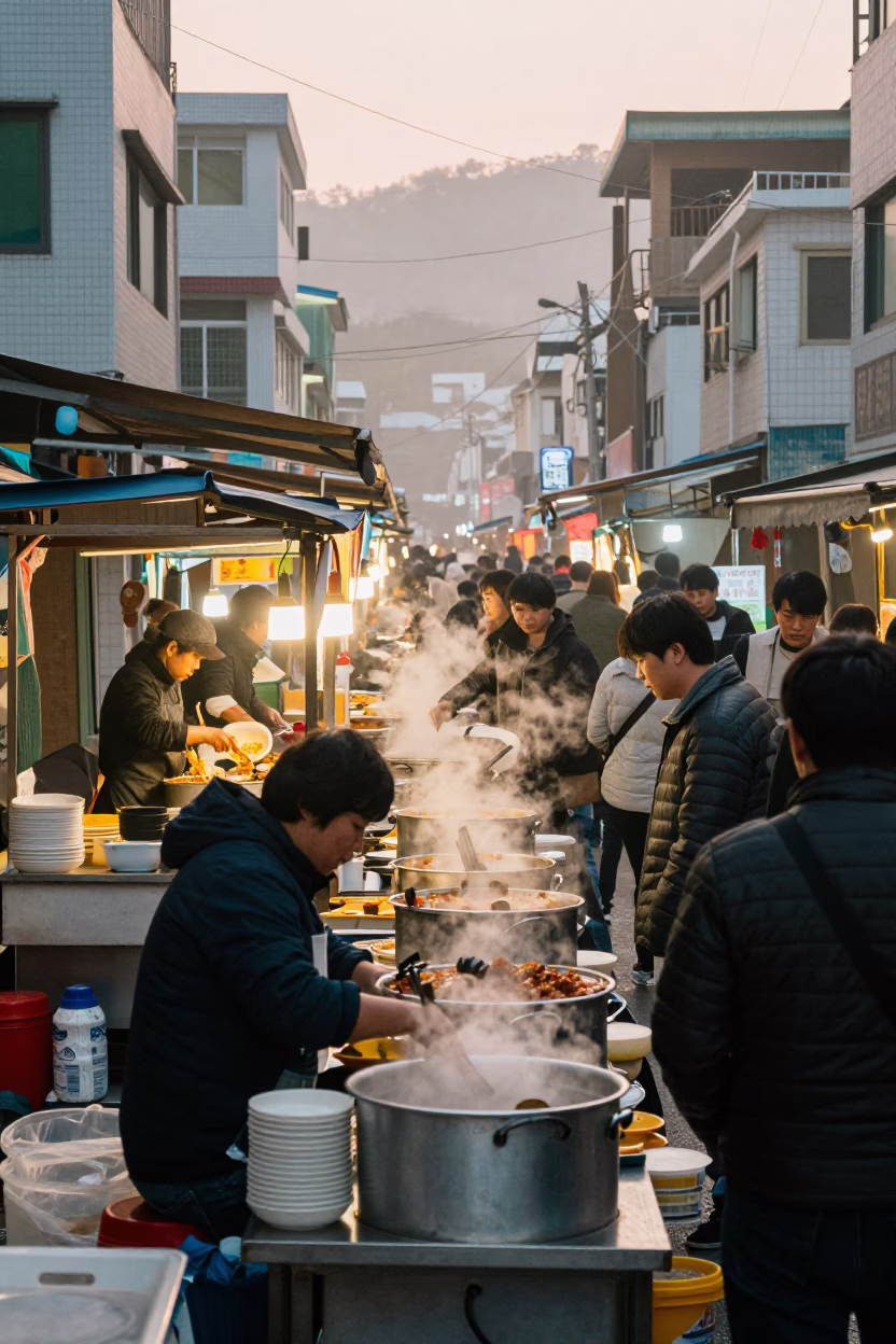 Busy Busan Street Food Stall at Dawn with Cutlery and Steam in in Busan, South Korea