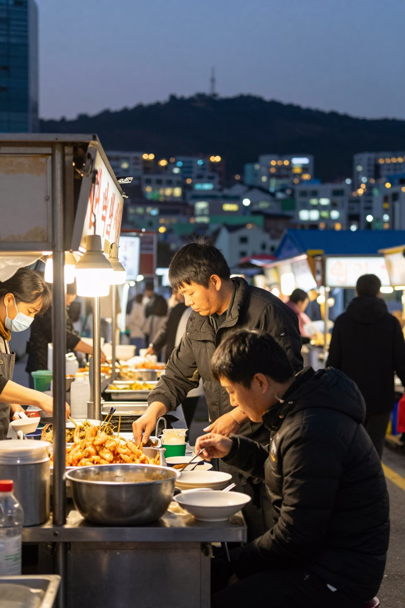 Busy Busan Street Food Stall at Dusk with Shrimp Trawler and City Lights in in Busan, South Korea