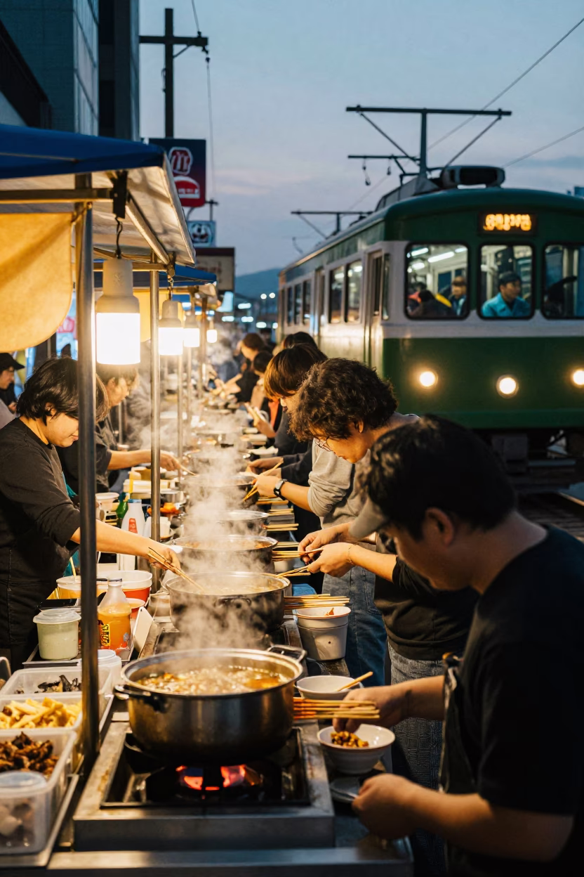 Busy Busan Street Food Stall at Dusk with Train Station Architecture and Local Dining in in Busan, South Korea