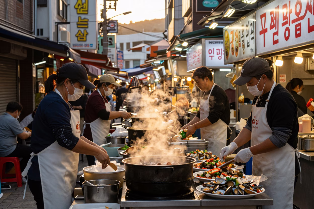 Busy Busan Street Food Stall at Golden Hour with Aprons and Urban Life in in Busan, South Korea