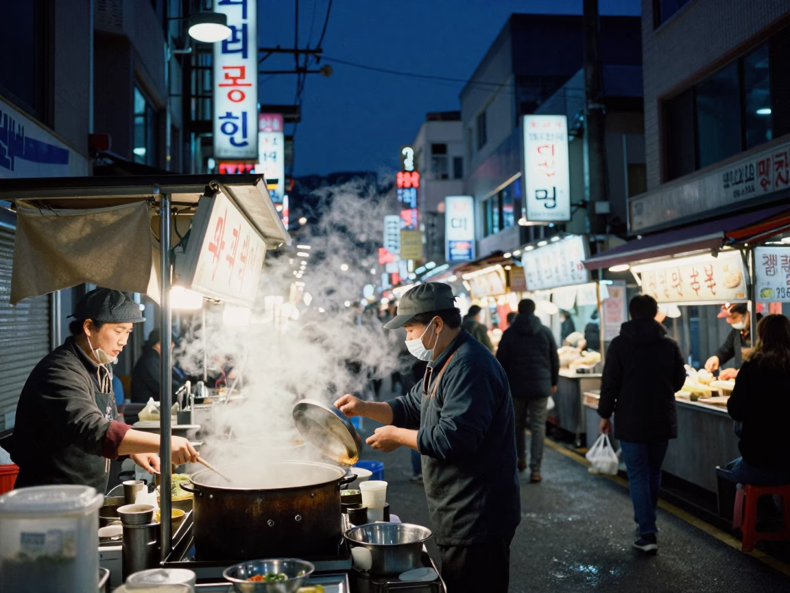 Busy Busan Street Food Stall at Midnight with Steam and Neon Lights in in Busan, South Korea