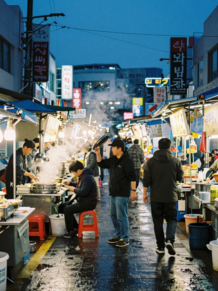Busy Busan Street Food Stall Evening with Steam and Local Diners in in Busan, South Korea