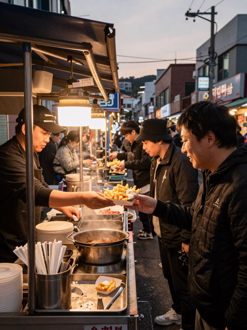 Busy Busan Street Food Stall in Copper Toned Light Before Dusk in in Busan, South Korea