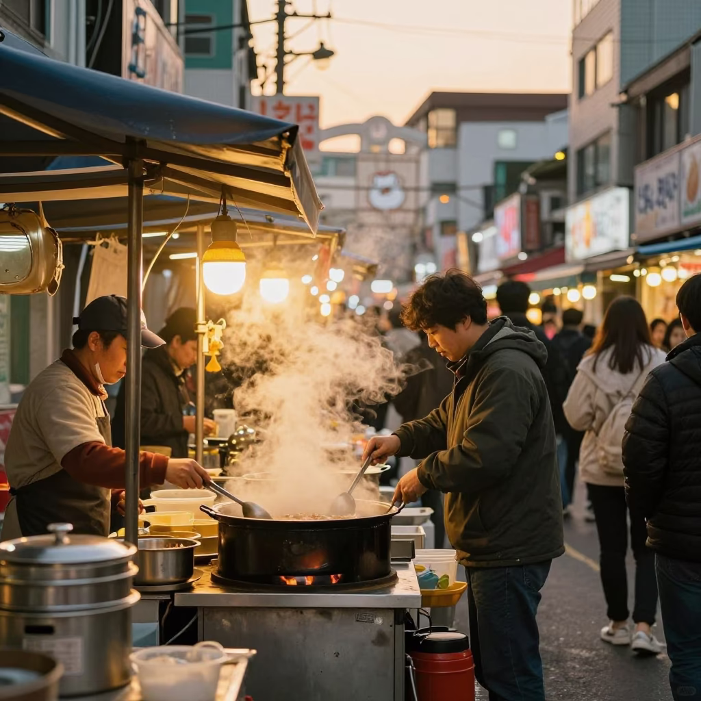 Busy Busan Street Food Stall in Honeyed Evening Light with Bookmarked Menu and Kettle in in Busan, South Korea