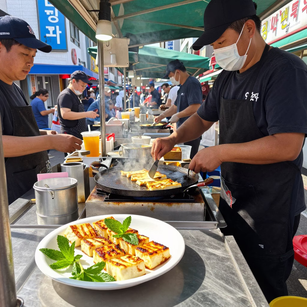 Busy Busan Street Food Stall Midday with Grilled Halloumi and Mint in in Busan, South Korea