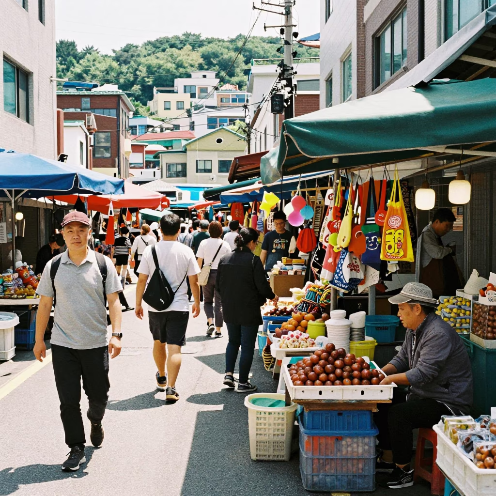 Busy Busan Street Market Midday Scene with Local Commerce and Urban Life in in Busan, South Korea
