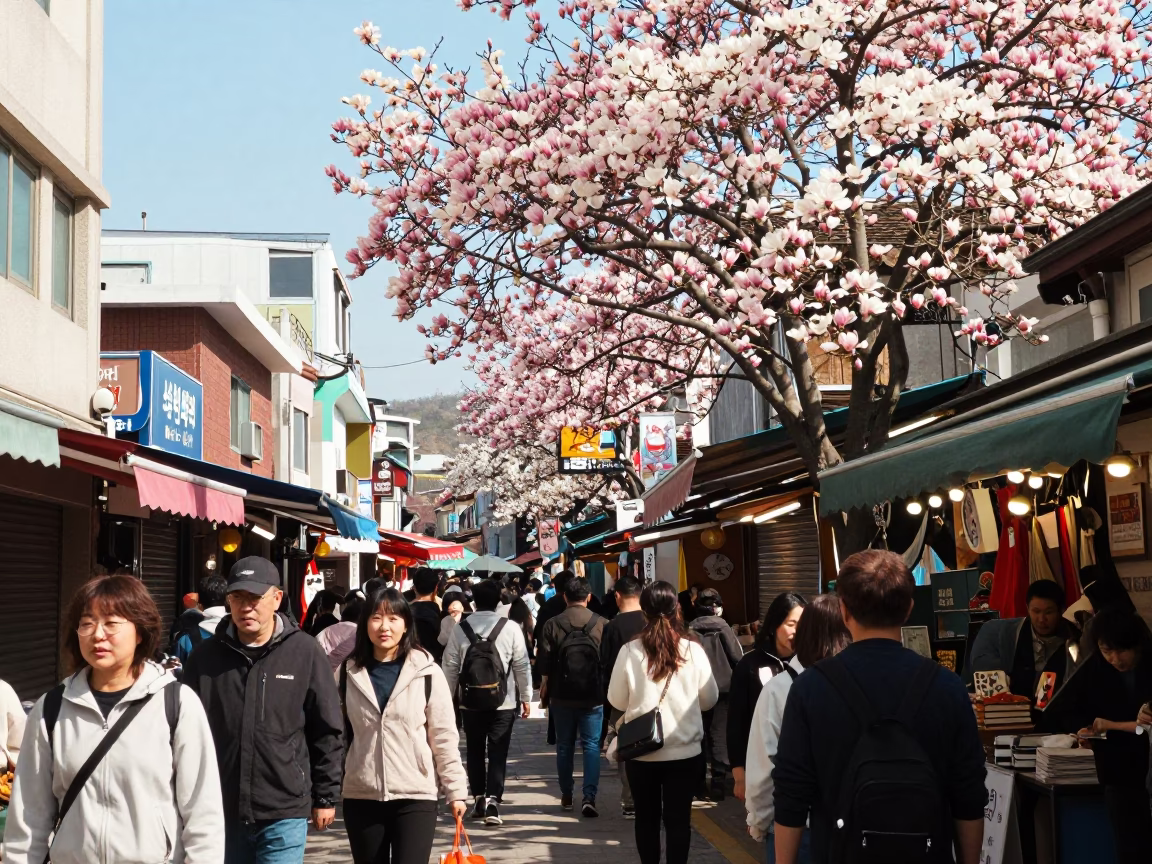 Busy Busan Street Market Midday with Magnolia Blooms and Local Activity in in Busan, South Korea