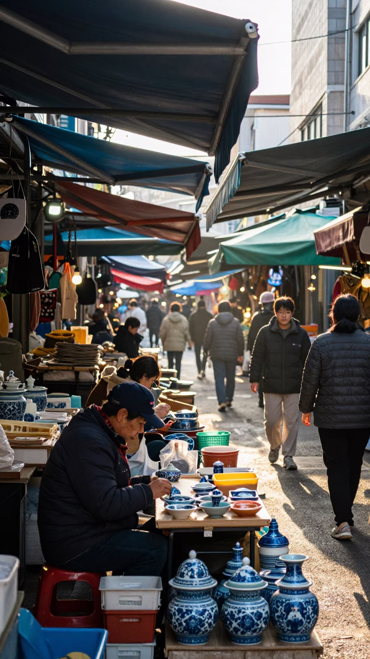 Busy Busan Street Market Morning Light with Blue Porcelain and Brass Hardware in in Busan, South Korea