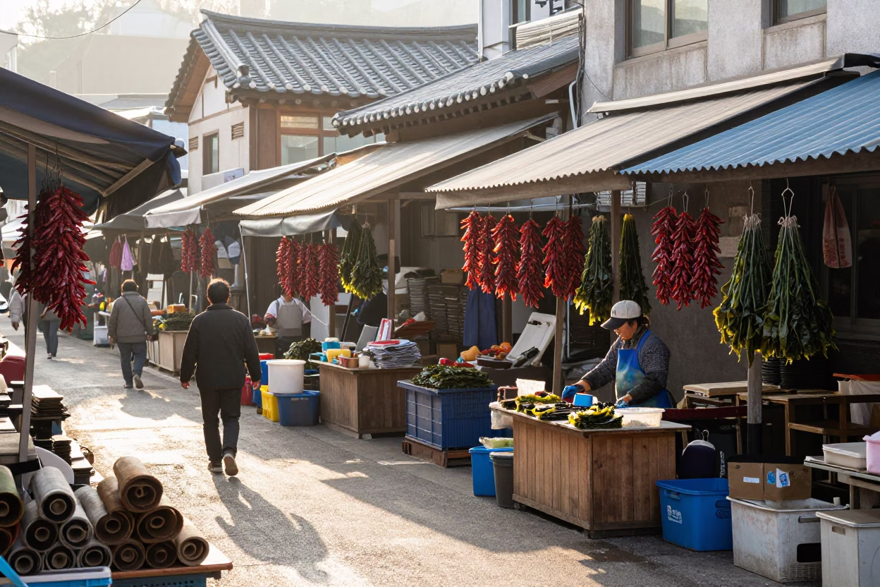 Busy Busan Street Market Morning with Tool Rolls and Ashtray in in Busan, South Korea