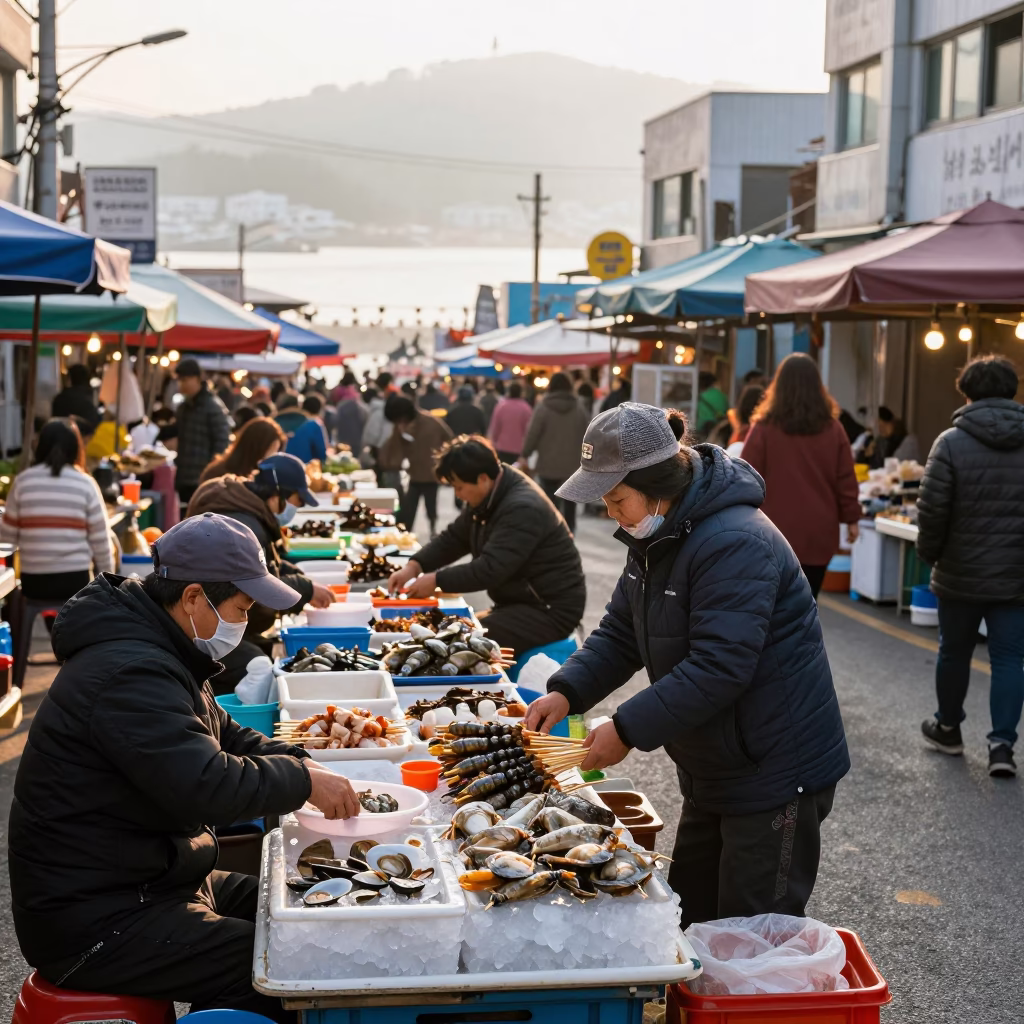 Busy Busan Street Market Morning with Vendors and Early Shoppers in South Korea in in Busan, South Korea