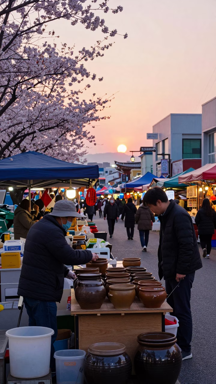 Busy Busan Street Market Stall with Cherry Blossoms and Evening Light in in Busan, South Korea