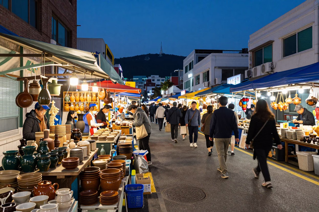 Busy Busan Street Market Twilight Scene with Ceramic Wares and Local Life in in Busan, South Korea