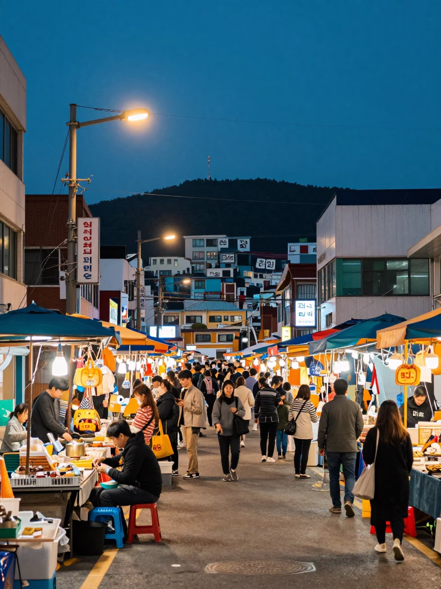 Busy Busan Street Market Twilight Scene with Vendors and Shoppers in South Korea in in Busan, South Korea