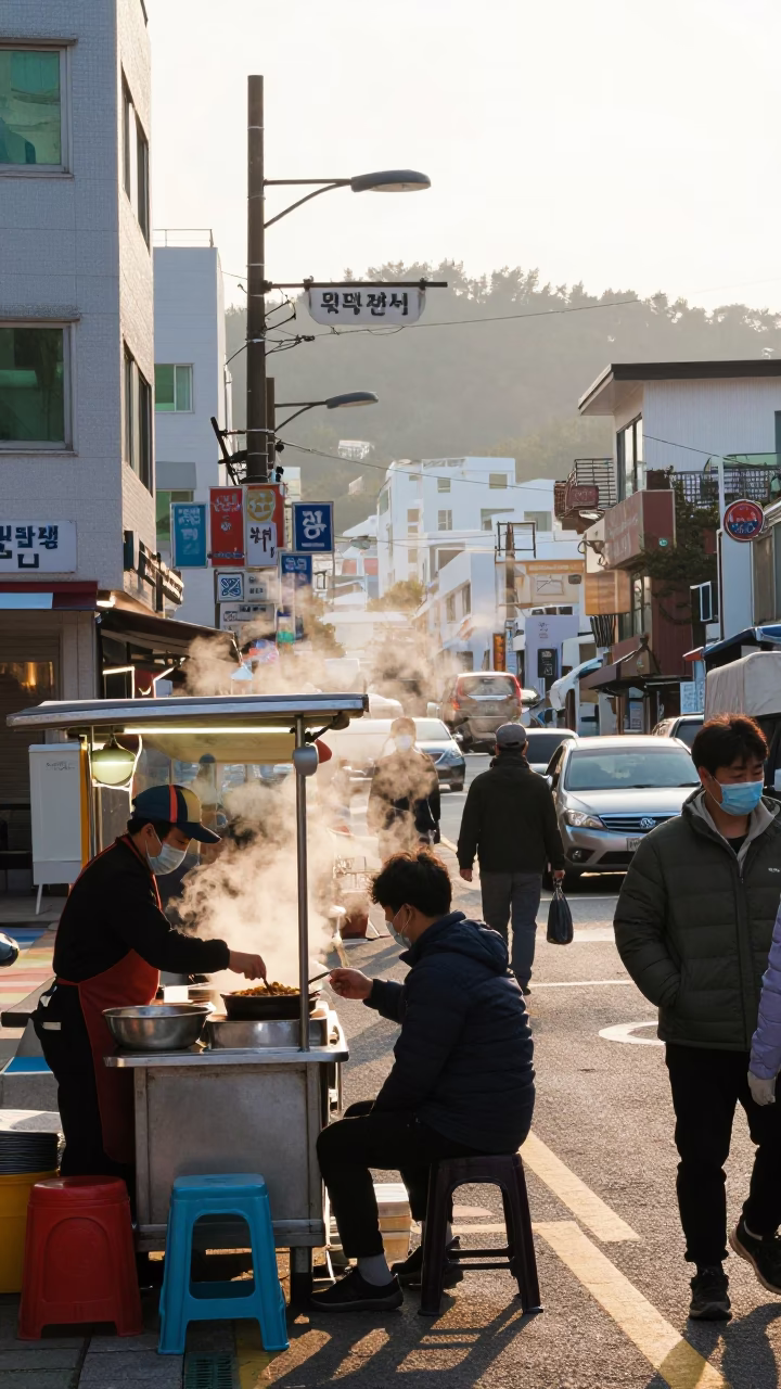 Busy Busan Street Morning with Bibim Guksu and Commuters Just After Sunrise in in Busan, South Korea