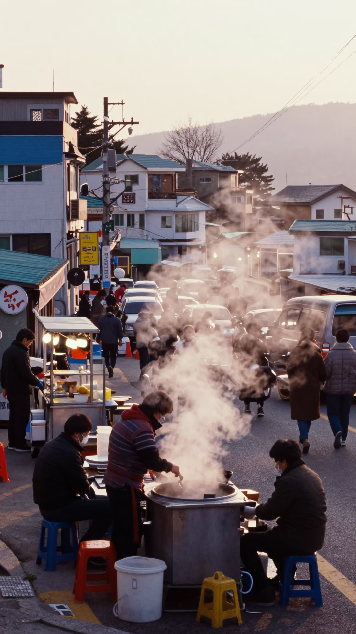 Busy Busan Street Morning with Steam and Local Activity Just After Sunrise in in Busan, South Korea