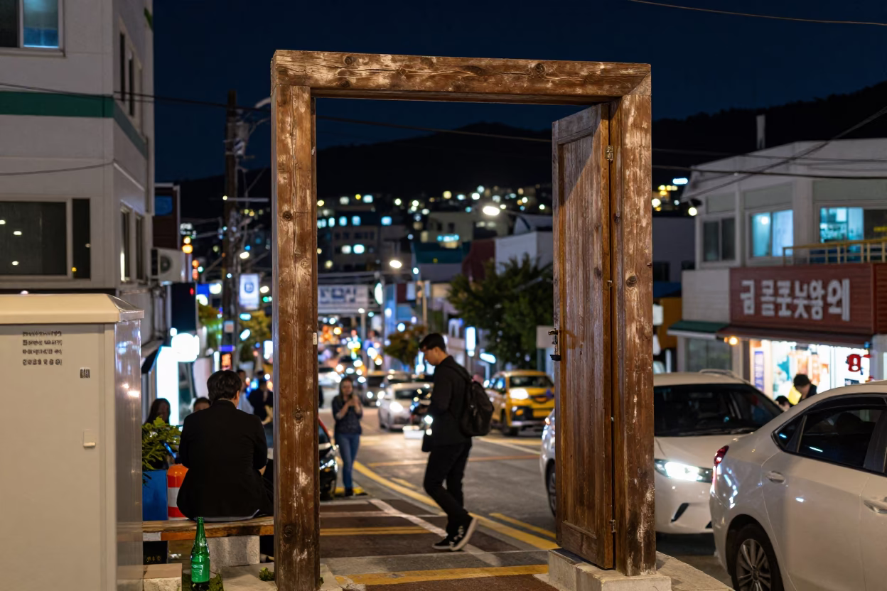 Busy Busan Street Night Scene with Doorframe and Cable Car in in Busan, South Korea