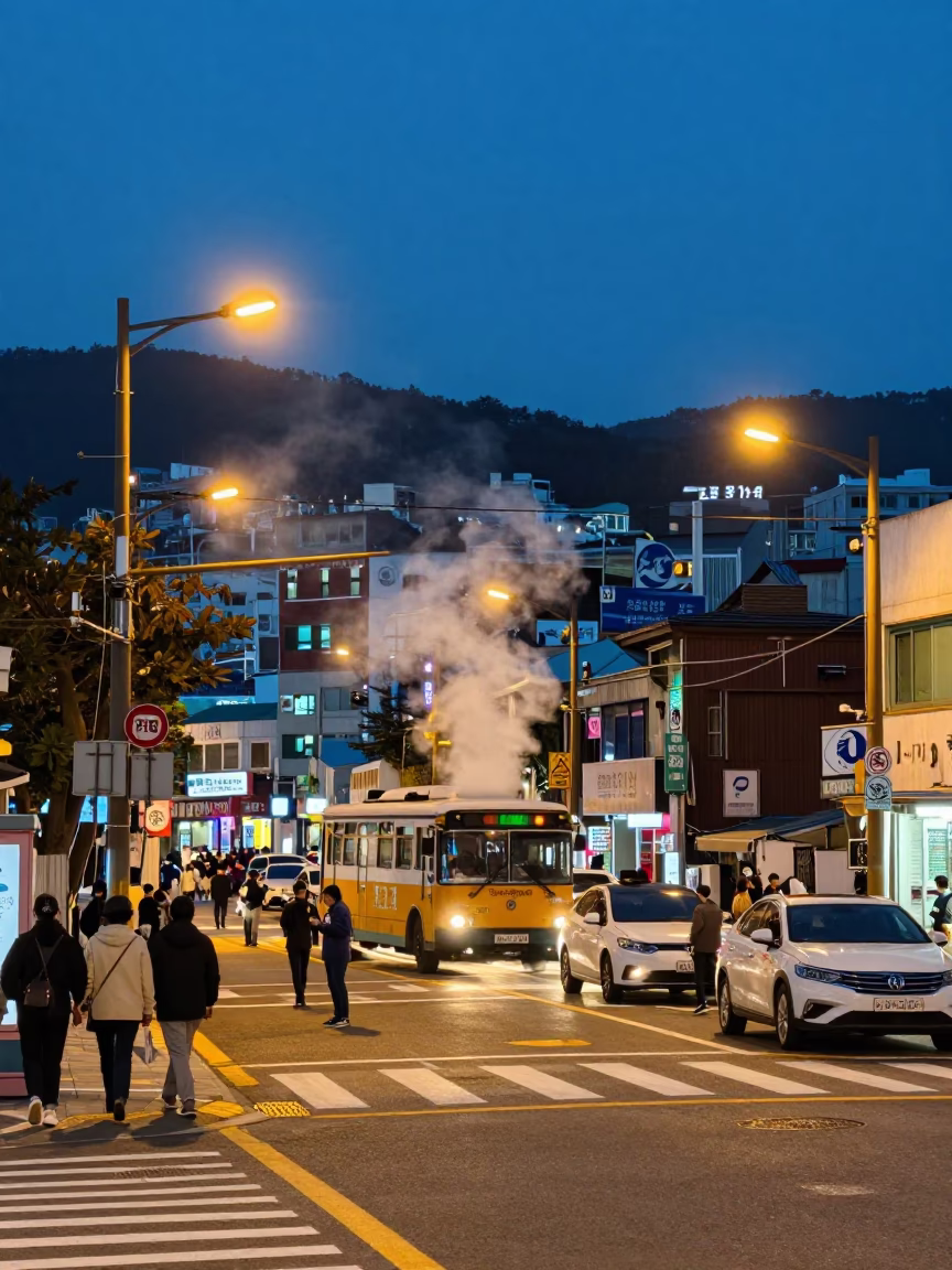 Busy Busan Street Scene at Blue Hour with Steam and Urban Life in in Busan, South Korea