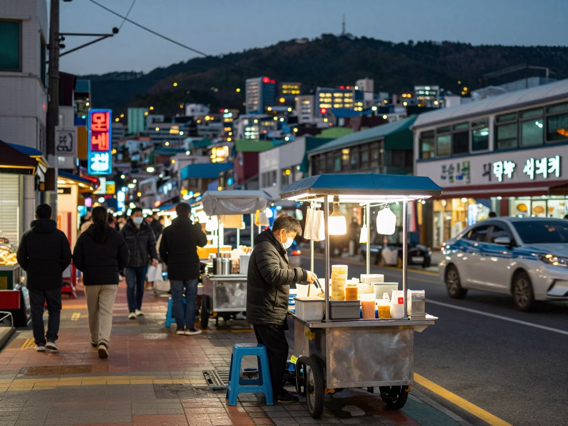 Busy Busan Street Scene at Dusk with Food Vendor and Urban Lights in in Busan, South Korea