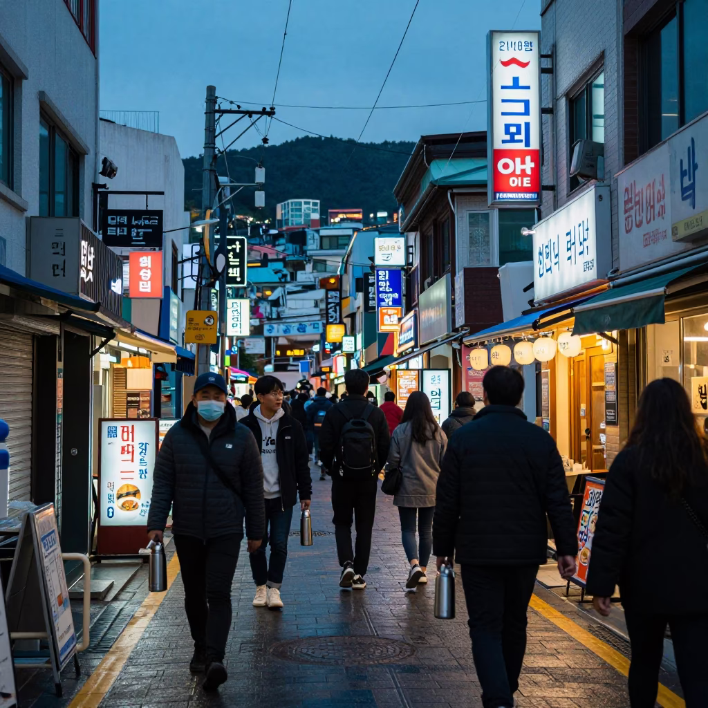 Busy Busan Street Scene at Dusk with Thermos and Condensation on Shelf Bracket in in Busan, South Korea