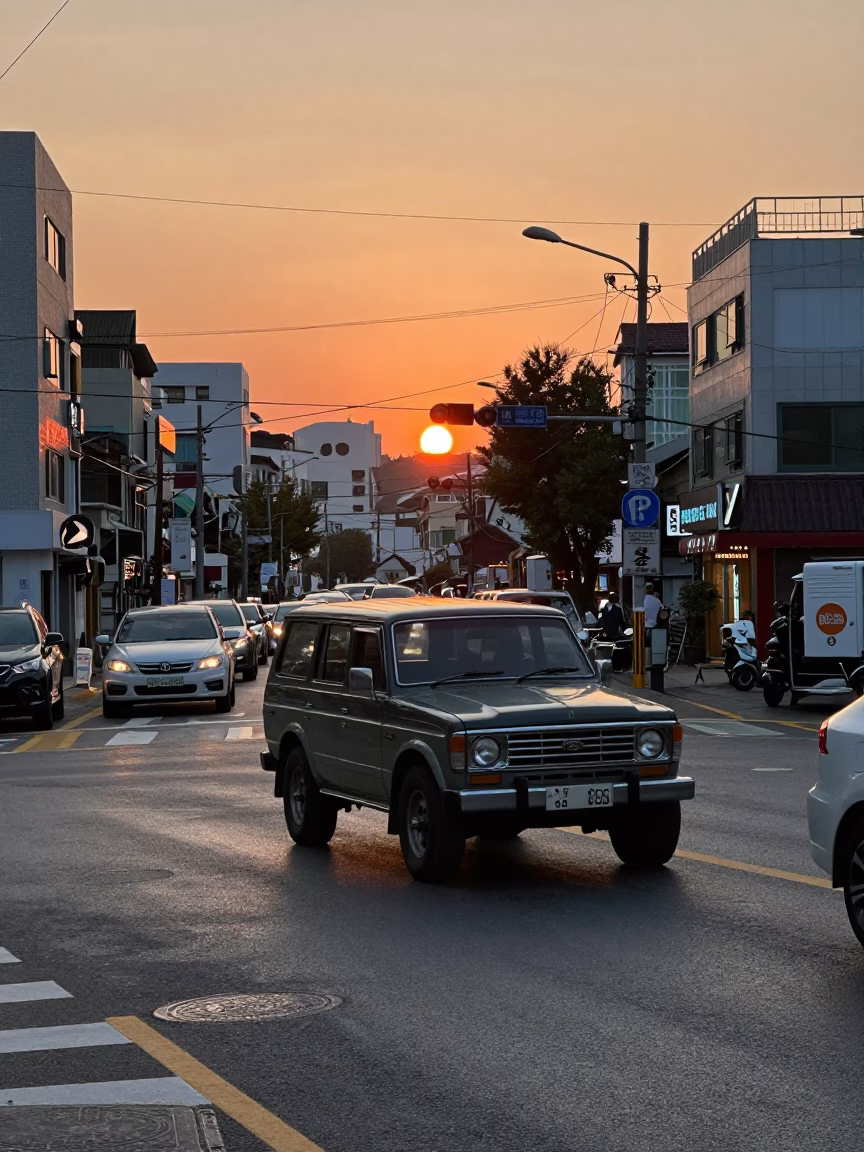Busy Busan Street Scene at Dusk with Vintage SUV and Mechanical Pencil in in Busan, South Korea