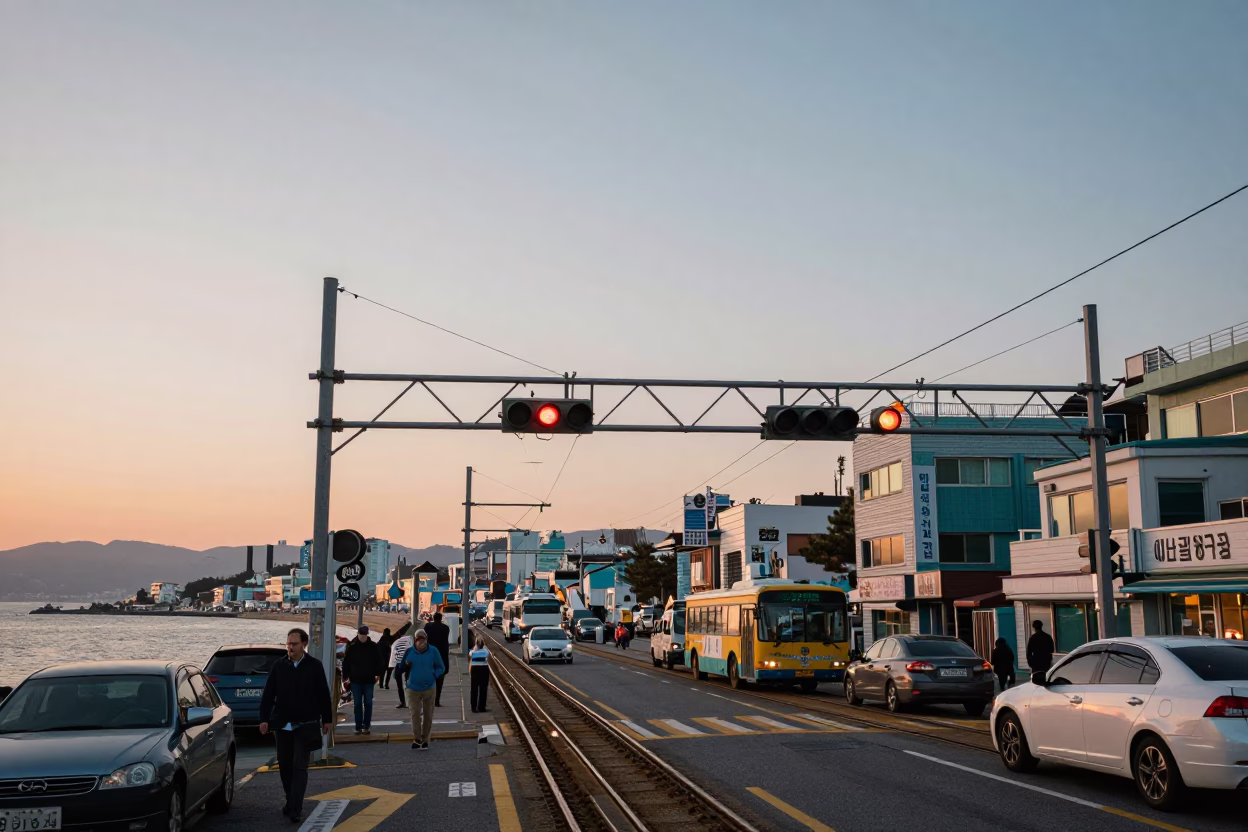 Busy Busan Street Scene at Nautical Dawn with Signal Gantry and Rail Lines in in Busan, South Korea