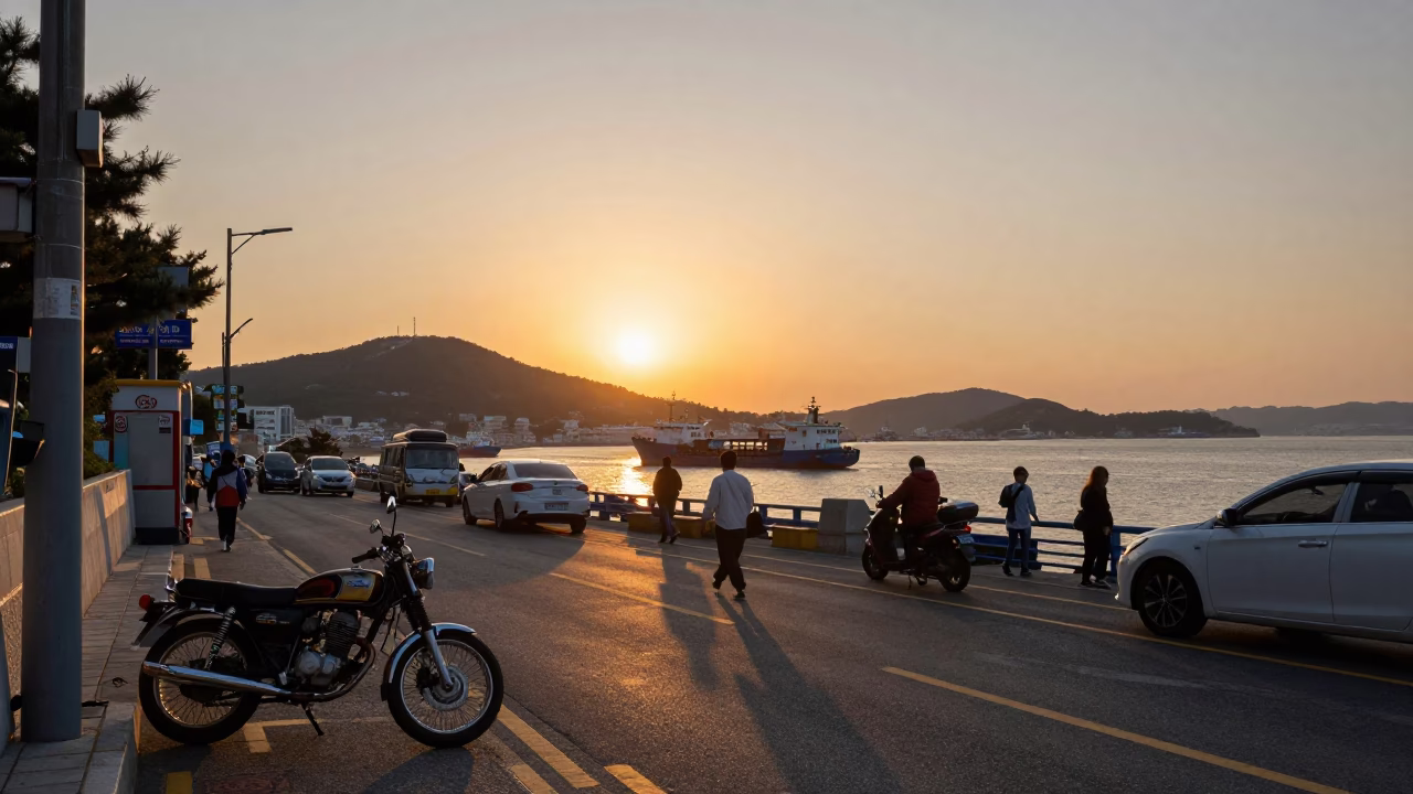 Busy Busan Street Scene at Sunset with Cargo Ship and Local Life in in Busan, South Korea