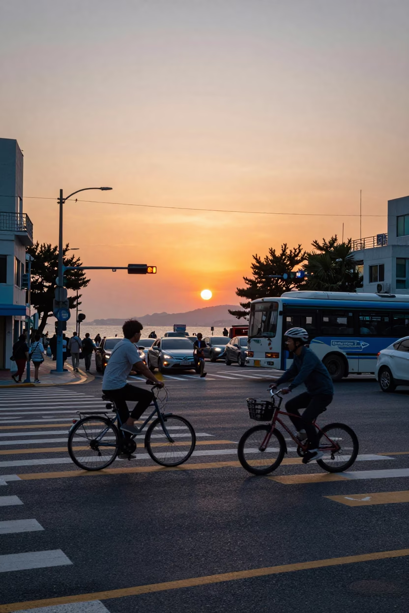 Busy Busan Street Scene at Sunset with Cyclist and Urban Life in in Busan, South Korea
