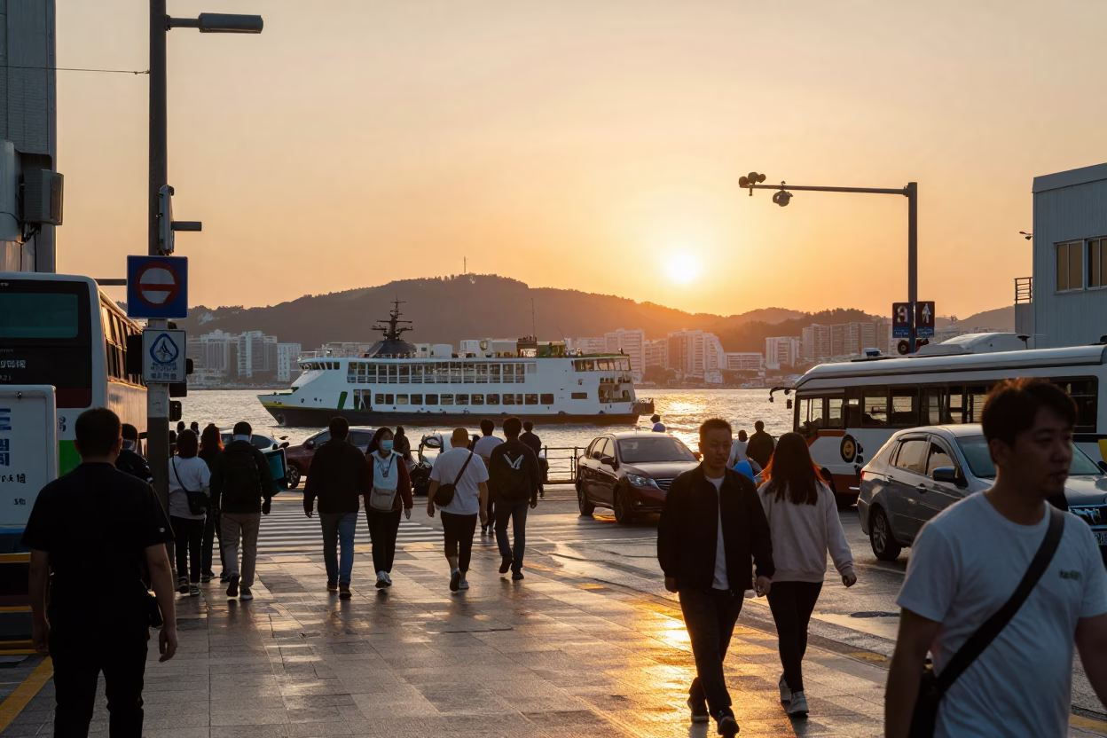 Busy Busan Street Scene at Sunset with Ferry Ramp and Piling System in in Busan, South Korea