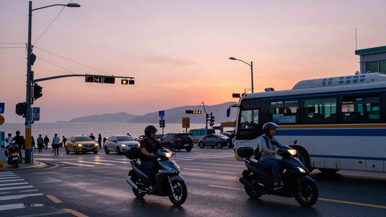 Busy Busan Street Scene at Sunset with Motorcycle and Coastal Highway Traffic in in Busan, South Korea
