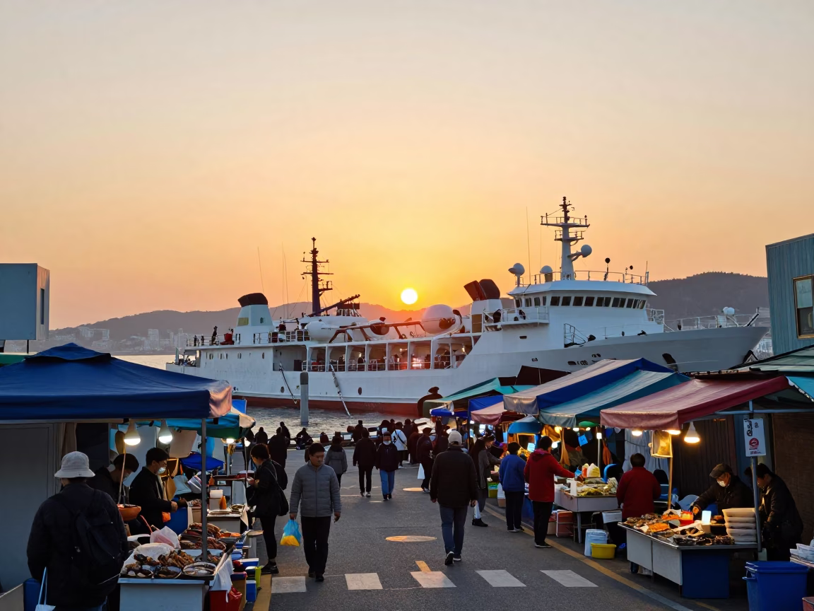 Busy Busan Street Scene at Sunset with Research Vessel and Urban Life in in Busan, South Korea