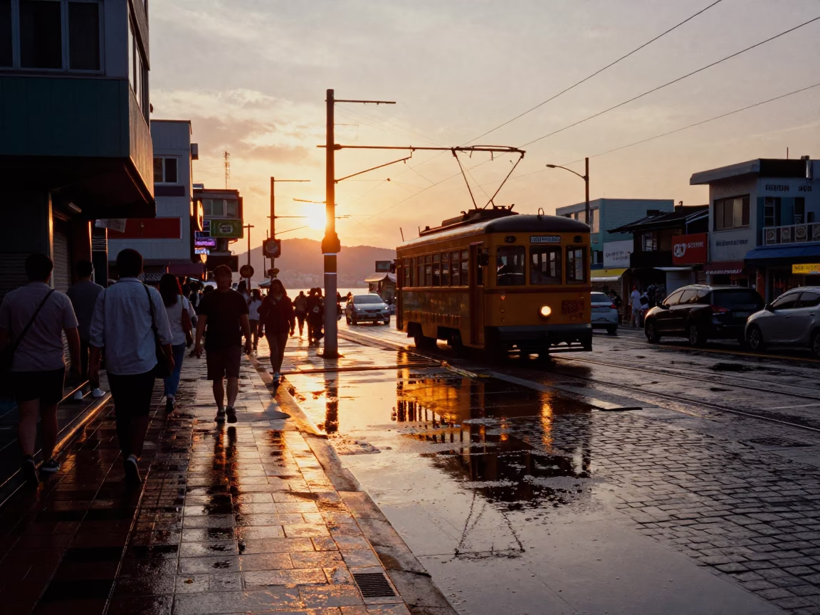 Busy Busan Street Scene at Sunset with Tram Reflection and Local Life in in Busan, South Korea