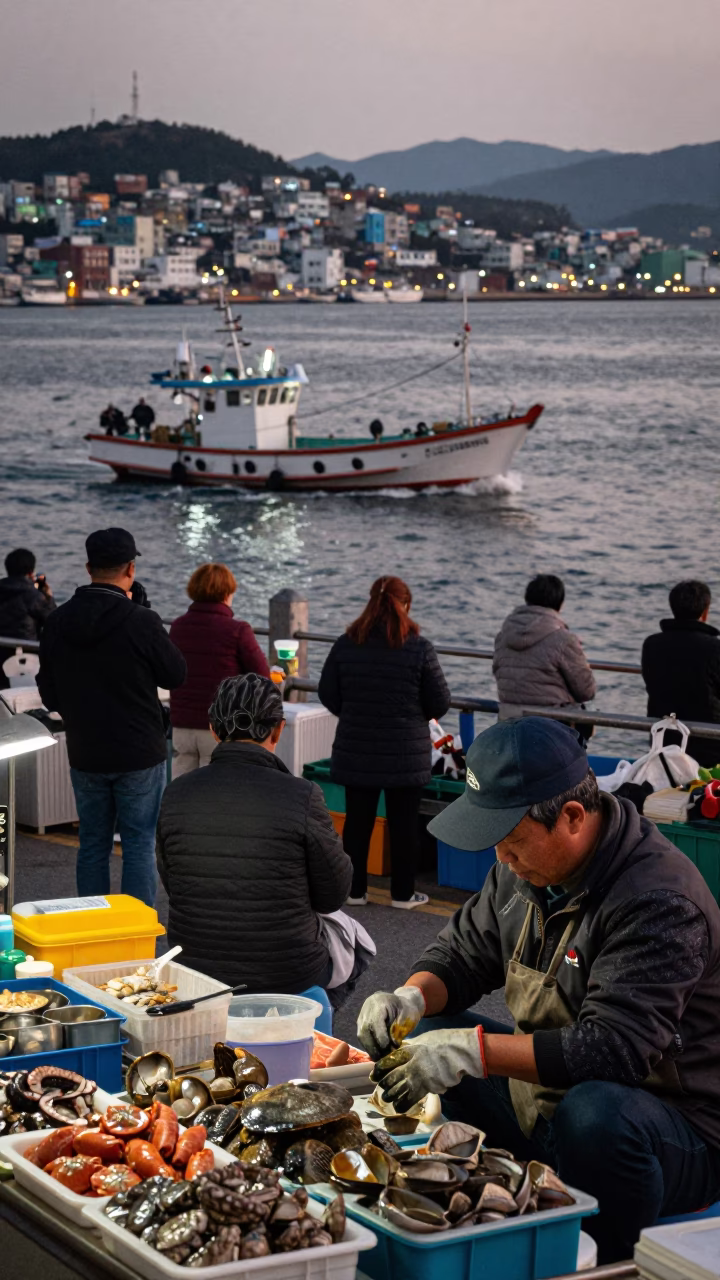 Busy Busan Street Scene at Twilight with Fishing Boat and Urban Activity in in Busan, South Korea