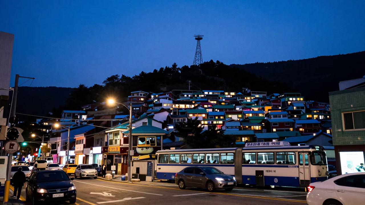 Busy Busan Street Scene at Twilight with Funicular and Local Life in in Busan, South Korea