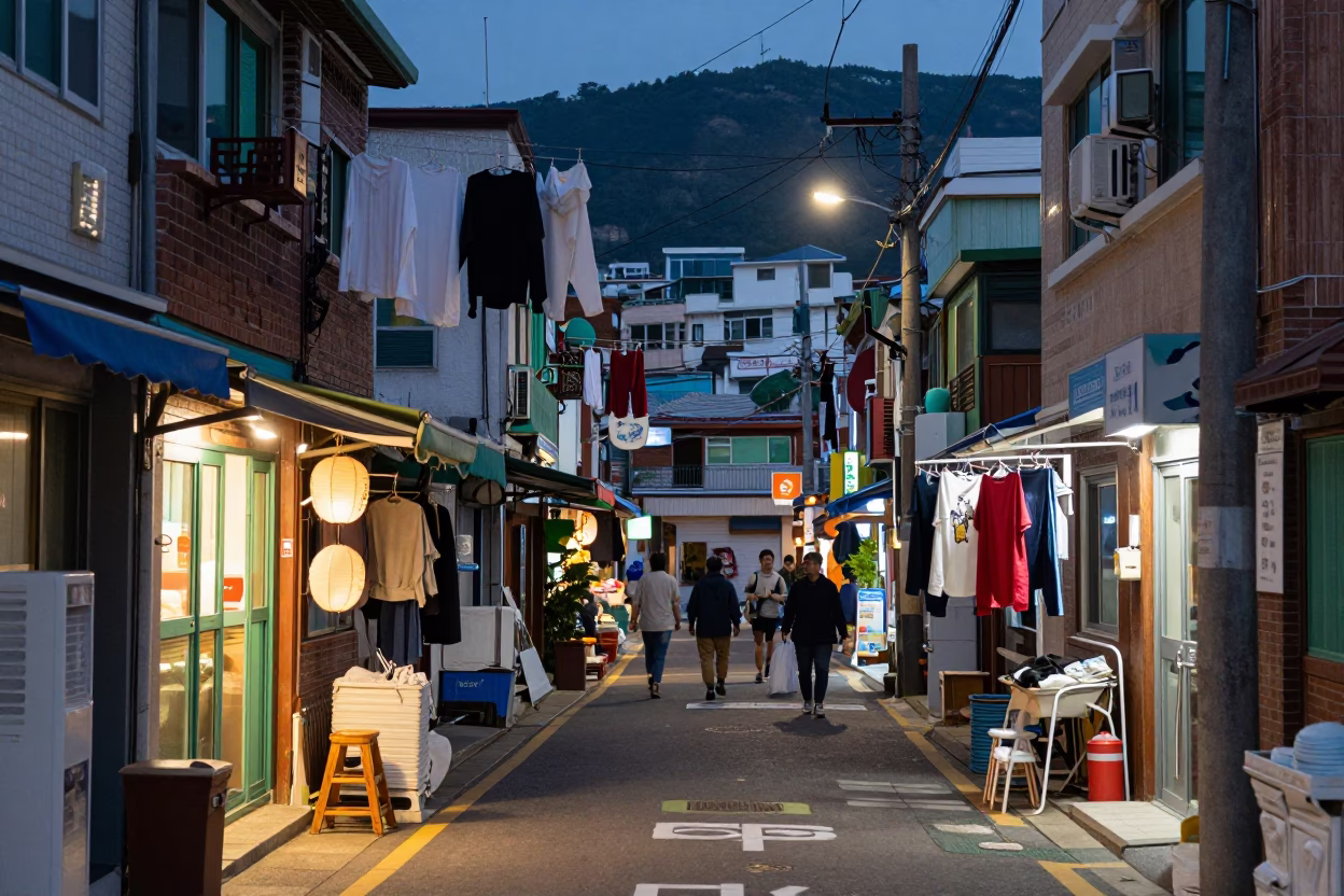 Busy Busan Street Scene at Twilight with Laundry and Urban Details in in Busan, South Korea