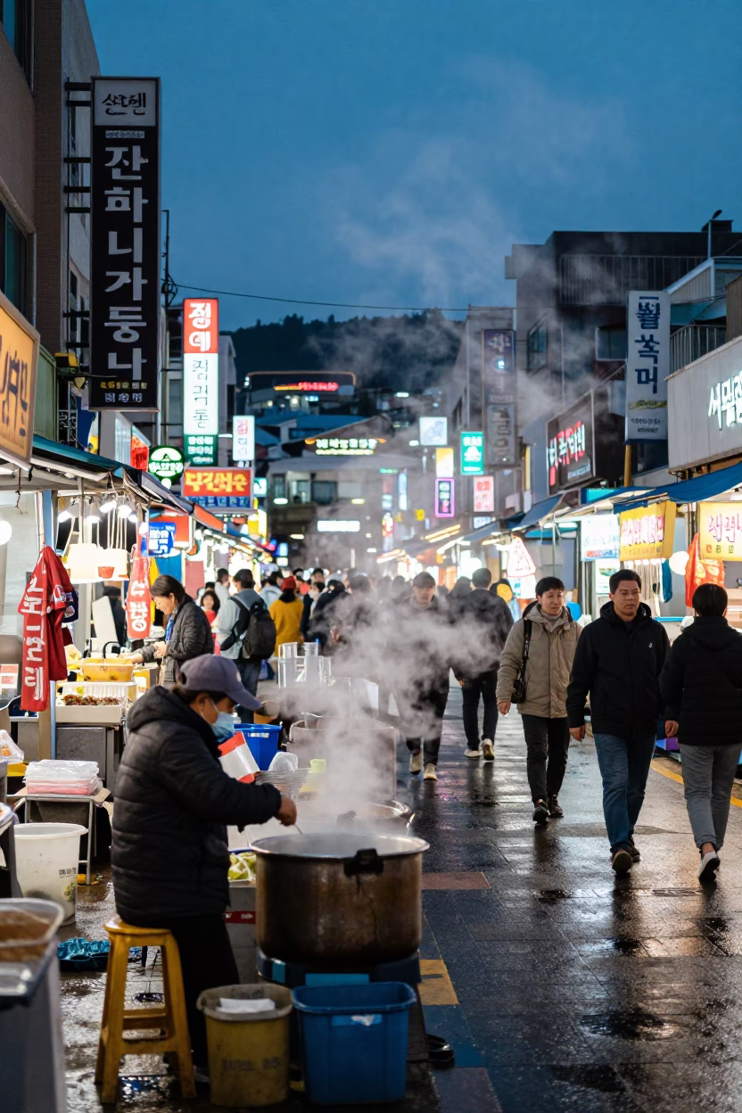 Busy Busan Street Scene at Twilight with Steam Haze and Local Diners in in Busan, South Korea