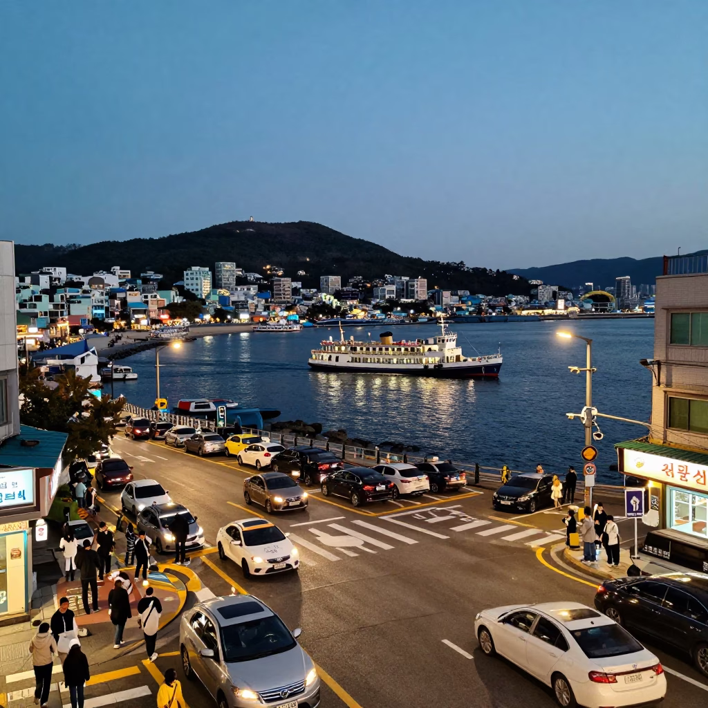 Busy Busan Street Scene at Twilight with Steamboat and Coconuts in in Busan, South Korea