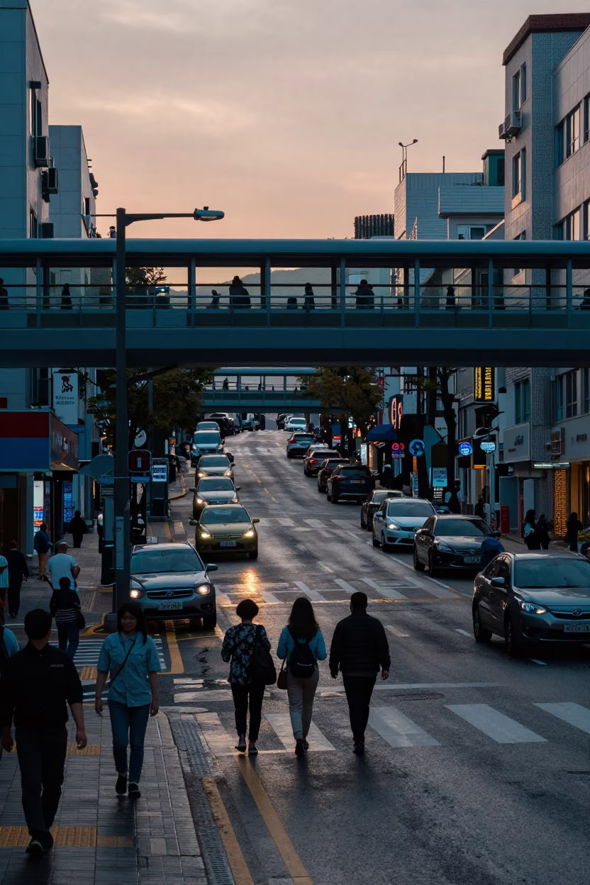 Busy Busan Street Scene Before Sunrise with Pedestrian Overpass and Motorcycle in in Busan, South Korea
